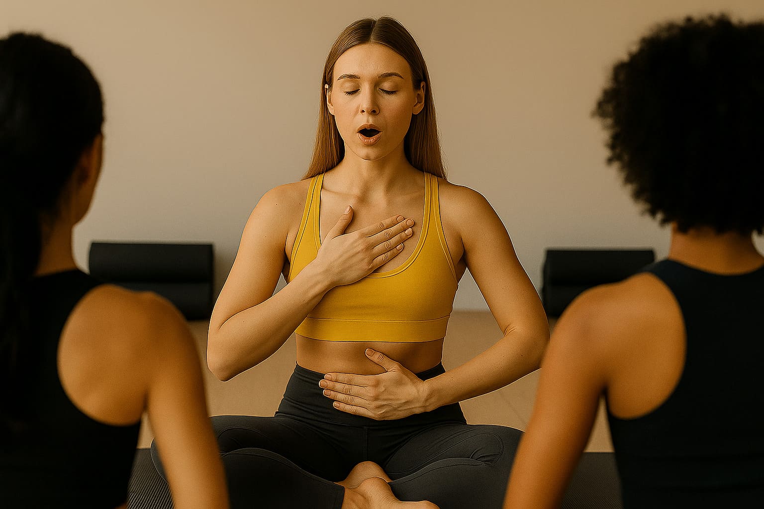 Prácticas respiratorias para un abdomen plano Women practicing guided breathing exercises during a morning yoga class
