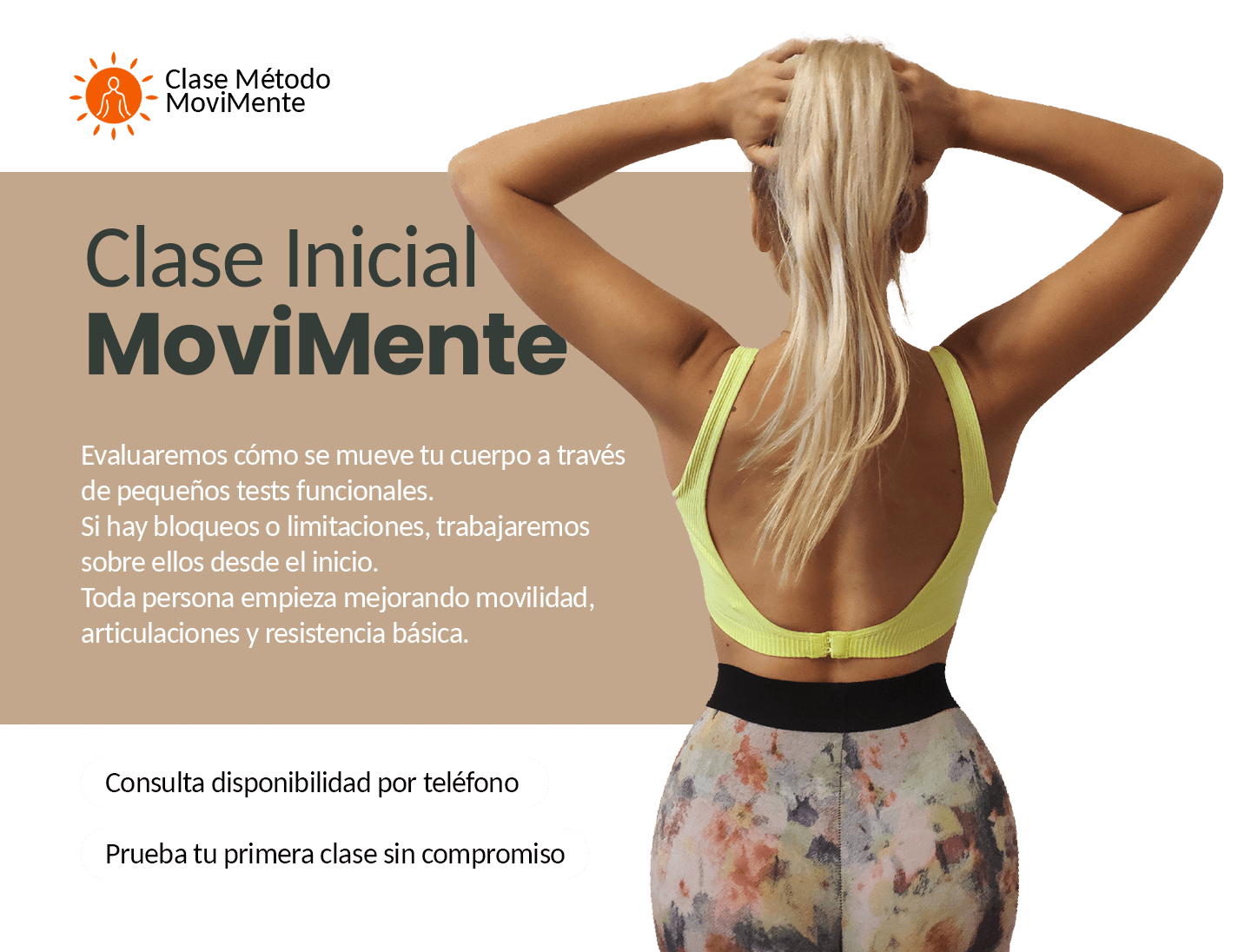 Back view of a blonde woman in a yellow open-back top and leggings, holding her hair with both hands.