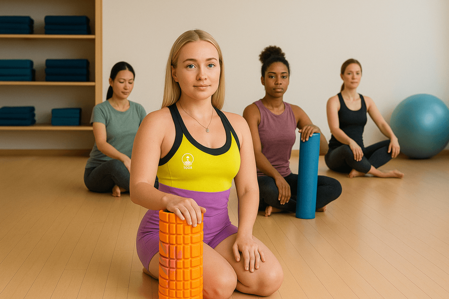 Group yoga class with woman holding Roller for Myofascial Release in the foreground