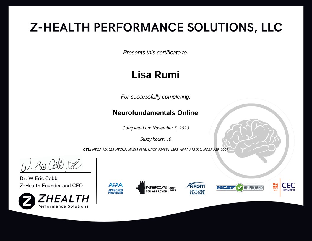 Certificate of Completion – Neurofundamentals Online, Z-Health Performance Solutions, awarded to Lisa Rumi, November 2023