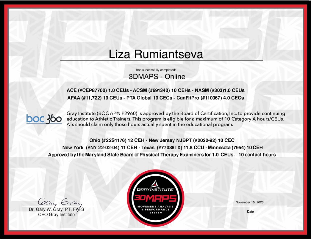 Certificate of Completion – 3DMAPS Movement Analysis & Performance System, Gray Institute, awarded to Liza Rumiantseva, November 2023