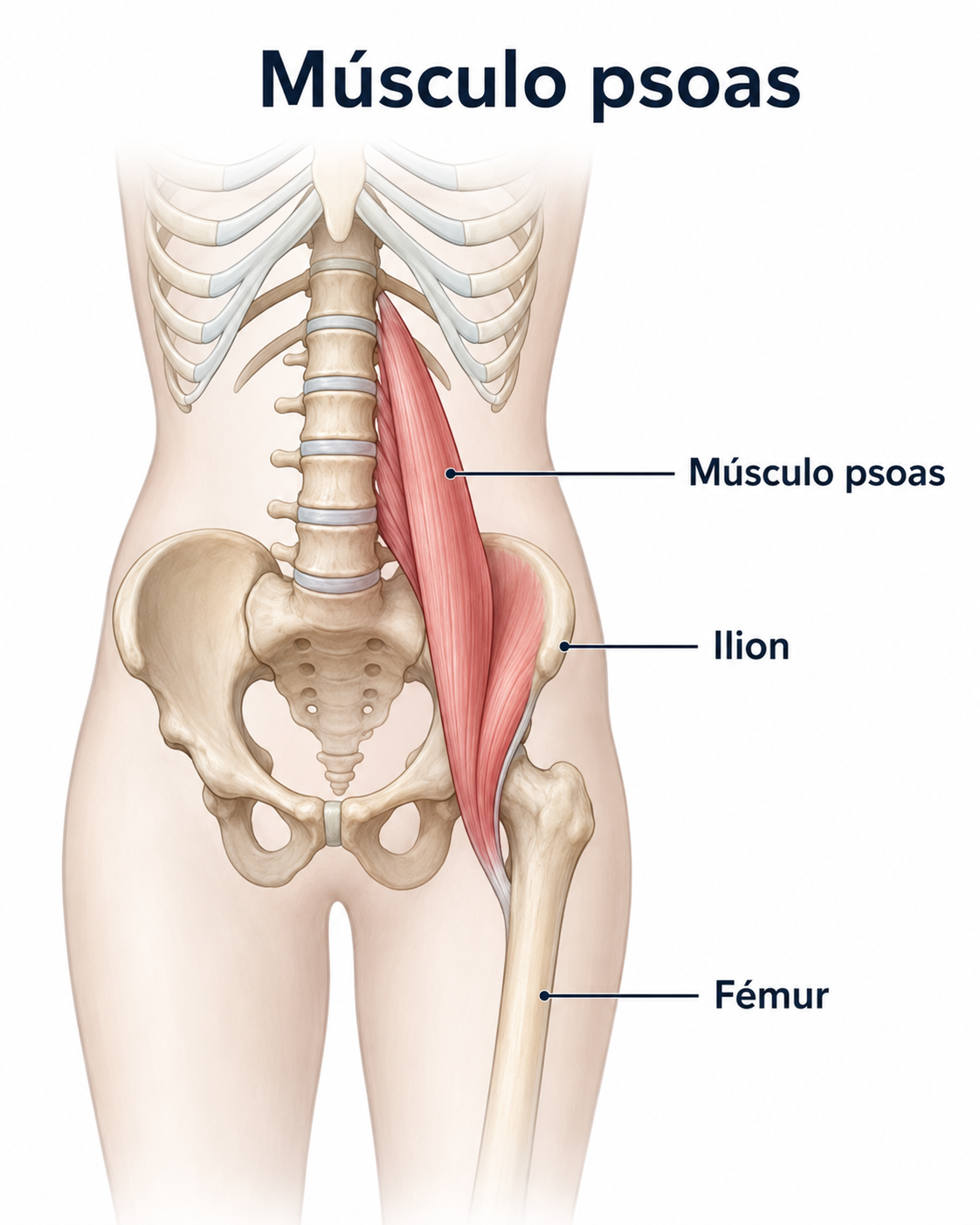 Ilustración anatómica del músculo psoas, el ilion y el fémur, mostrando su relación con la pelvis, la cadera y la espalda baja